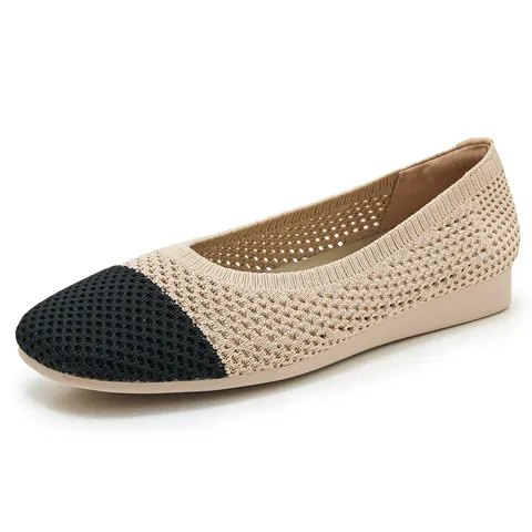 Women's Casual Fly-Knit Flat Shoes Breathable Mesh Hollow Out Slip-On Single Shoes Color Block Low Heel Loafers For Daily Walk