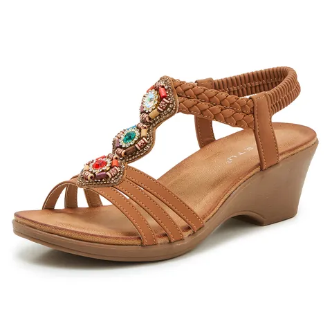 Sandales Compensées Bohémiennes Femmes Strass Perle en Bois PU Lanières Chaussures de Plage Été SIKETU Antidérapant