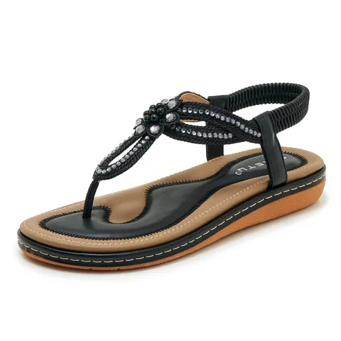 Bohemian Rhinestone Flower Flip Flops For Women T-Strap Flat Sandals With Elastic Back Strap Summer Beach Casual Shoes