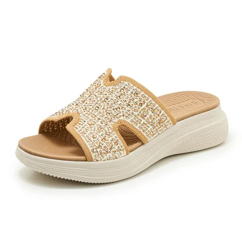 Women Rhinestone Wedge Slippers Flyknit H Cut Out Design Platform Slides MD Sole Breathable Casual Fashion Sandals Women