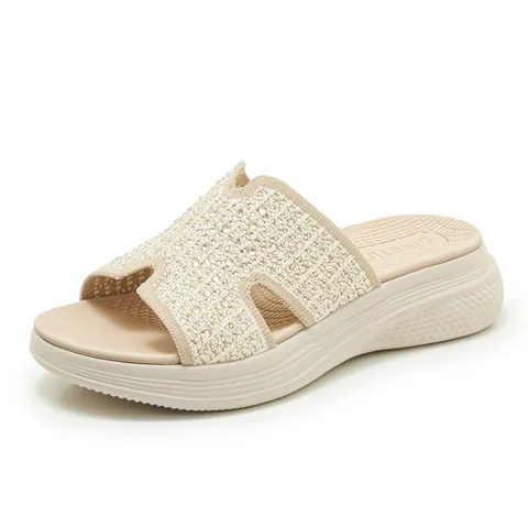 Women Rhinestone Wedge Slippers Flyknit H Cut Out Design Platform Slides MD Sole Breathable Casual Fashion Sandals Women