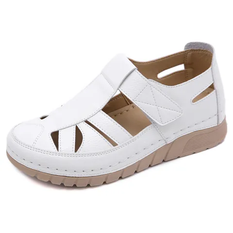 Women Casual Hollow Out Wedge Shoes Breathable PU Leather Walking Shoes Comfortable Hook And Loop Lightweight Slip On Shoes
