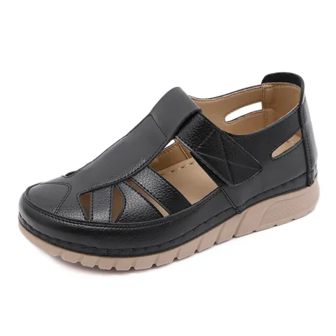 Women Casual Hollow Out Wedge Shoes Breathable PU Leather Walking Shoes Comfortable Hook And Loop Lightweight Slip On Shoes