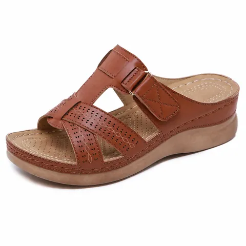 Sandales Compensées pour Femmes en Cuir PU Ajouré Coutures Chaussons Confortables Légers Respirants Chaussures de Plage Décontractées Quotidiennes