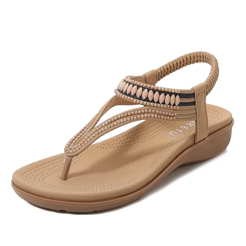 Sandalias de Cuña Bohemias para Mujer con Abalorios T-Correa Zapatos Casuales de Playa de Verano con Correa Elástica Sandalias de PU Antideslizantes Cómodas