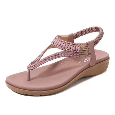 Sandalias de Cuña Bohemias para Mujer con Abalorios T-Correa Zapatos Casuales de Playa de Verano con Correa Elástica Sandalias de PU Antideslizantes Cómodas