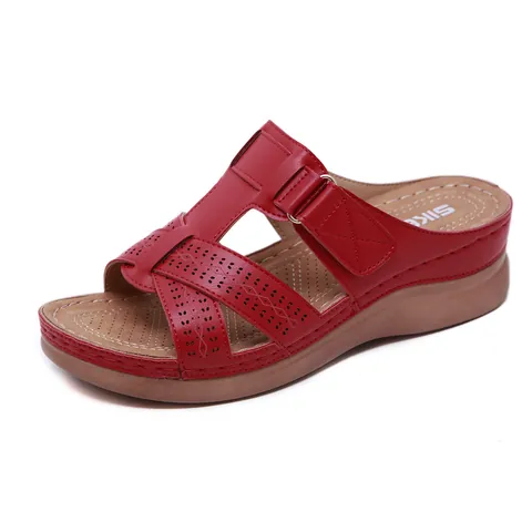 Sandales Compensées pour Femmes en Cuir PU Ajouré Coutures Chaussons Confortables Légers Respirants Chaussures de Plage Décontractées Quotidiennes