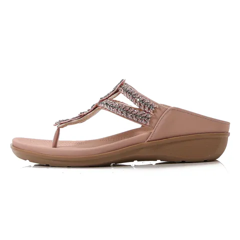 Women Retro Wedge Thong Sandals Beaded Rhinestone Flower Flip Flops Summer Breathable Anti-Slip Casual Beach Shoes