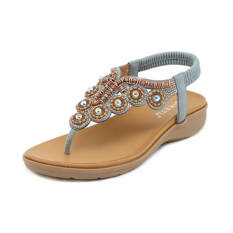 Bohemian Women T-Strap Sandals Beaded Rhinestone Wedge Sandals Comfortable Elastic Back Strap Beach Summer Fashion Sandals