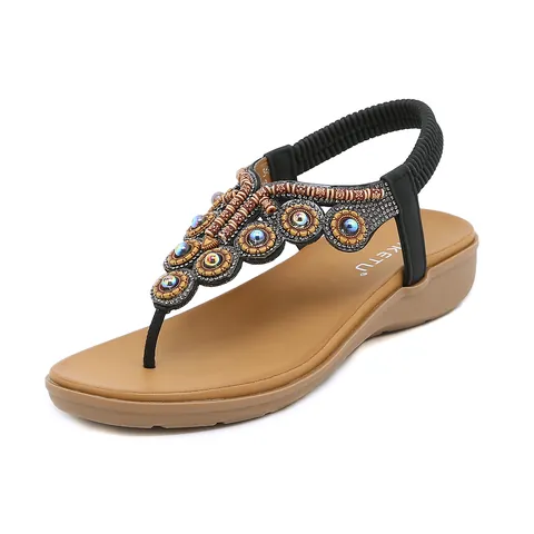 Bohemian Women T-Strap Sandals Beaded Rhinestone Wedge Sandals Comfortable Elastic Back Strap Beach Summer Fashion Sandals