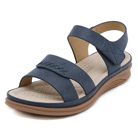 Women Casual Wedge Sandals PU Leather Criss-cross Straps Decorative Stitching Breathable Lightweight Velcro Closure Comfort Summer Shoes