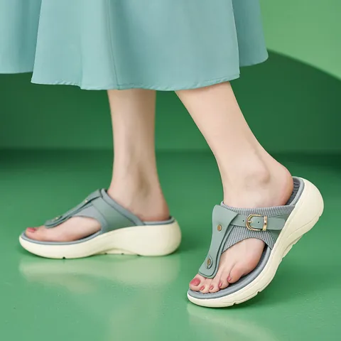 Women Thick Sole Wedge Flip Flops Comfortable Knit Synthetic Leather Thong Sandals Metal Buckle Non-Slip Summer Casual Shoes