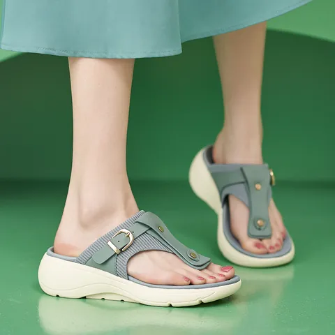 Women Thick Sole Wedge Flip Flops Comfortable Knit Synthetic Leather Thong Sandals Metal Buckle Non-Slip Summer Casual Shoes