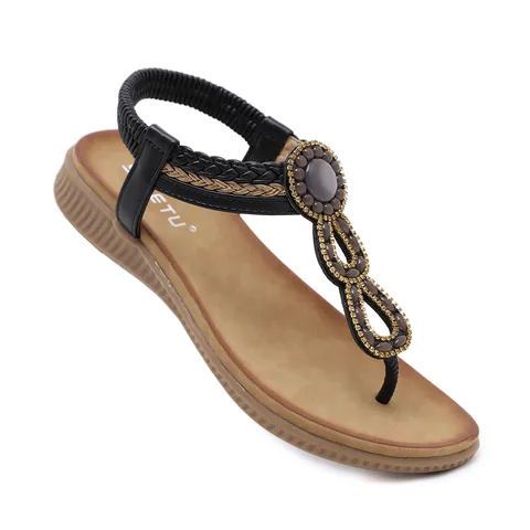 Women's Bohemian Rhinestone Flat Sandals Comfortable T-Strap Braided Elastic Back Beach Sandals Summer Vacation Shoes