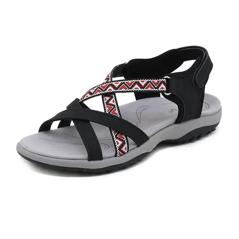 Women's Sporty Sandals Ethnic Geometric Pattern Flat Walking Shoes With Fabric Upper TPR Sole Hook-and-Loop Strap Outdoor Sandals