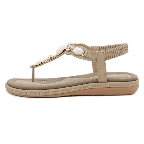 Women's Bohemian Flat Sandals Beaded T-Strap Flip Flops With Faux Pearl Rhinestone Elastic Back Strap Comfortable Casual Beach Sandals