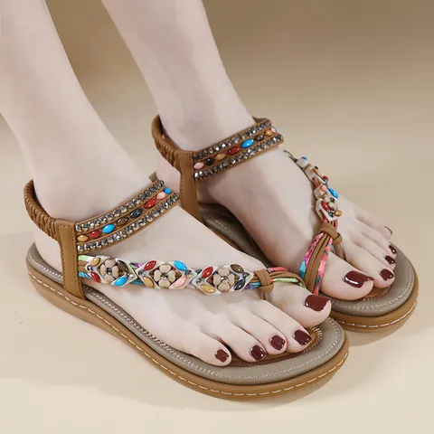 Bohemian Women Flat Sandals Rhinestone Beaded Floral Thong Sandals Elastic Ankle Strap Summer Beach Casual Comfort Shoes