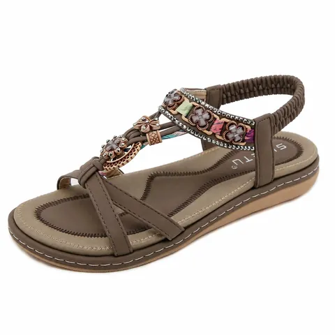 Women Bohemian Rhinestone Flat Sandals Ethnic Embroidered Floral Beads Beach Shoes With Elastic Back Strap Casual Vacation Sandals