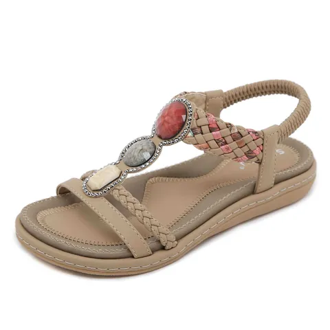 Bohemian Style Women Flat Sandals Braided Straps Faux Stone Inlaid Rhinestone Elastic Back Strap Beach Casual Summer Shoes