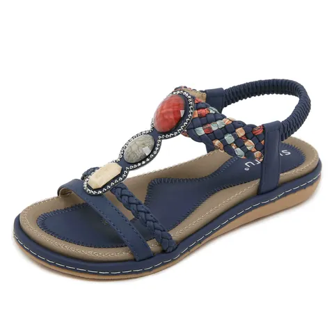 Bohemian Style Women Flat Sandals Braided Straps Faux Stone Inlaid Rhinestone Elastic Back Strap Beach Casual Summer Shoes