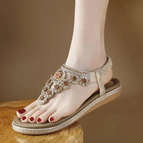 Women Bohemian Rhinestone Thong Sandals Microfiber Leather Flat Beach Shoes With Elastic Back Strap Sunflower Pattern Casual Sandals