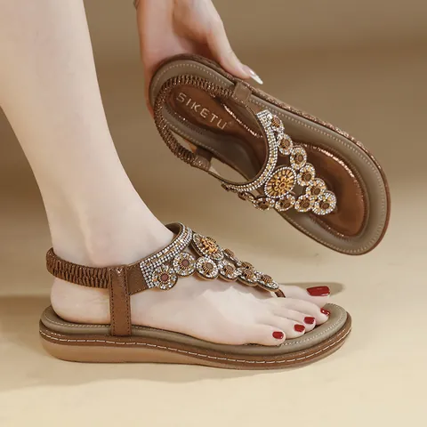 Women Bohemian Rhinestone Thong Sandals Microfiber Leather Flat Beach Shoes With Elastic Back Strap Sunflower Pattern Casual Sandals