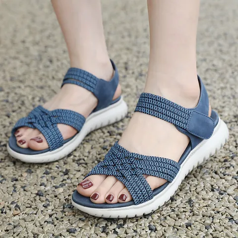 Women's Casual Sporty Woven Sandals Lightweight Wedge Platform Shoes With Elastic Cross Straps And Hook-And-Loop Fastener