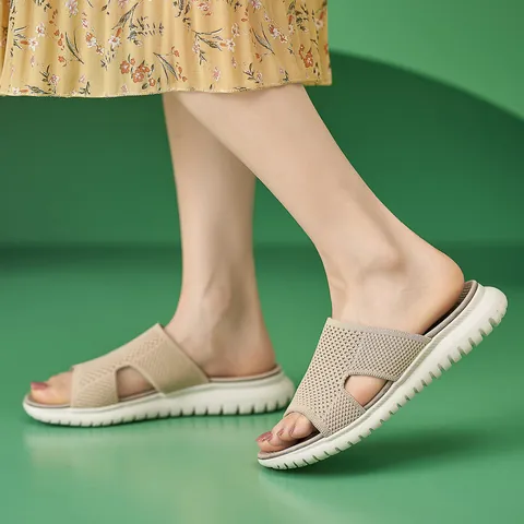 Women's Knitted Mesh Breathable Sandals Thick Sole Platform Slides Casual Slip-on Outdoor Beach Shoes For Summer