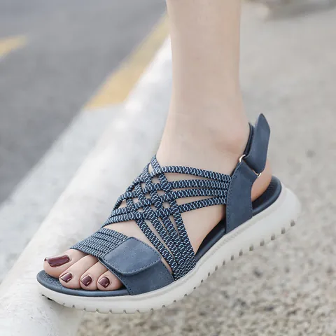 Women PU Woven Wedge Sandals Elastic Straps Hook Loop MD Sole Lightweight Comfortable Sporty Outdoor Casual Shoes