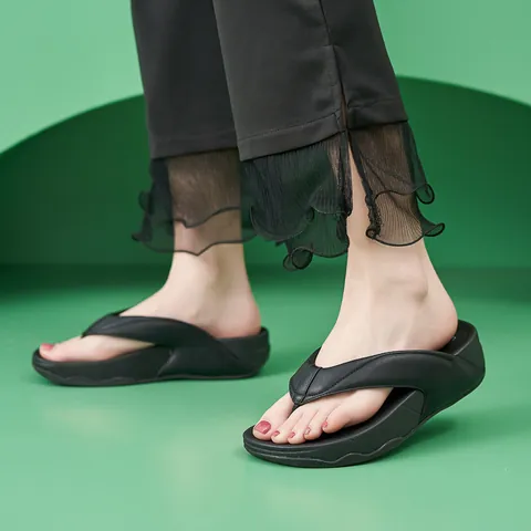 Women's Platform Thong Sandals Casual Cotton Cloth PU Wedge Flip Flops Height Increasing Summer Beach Fashion Shoes