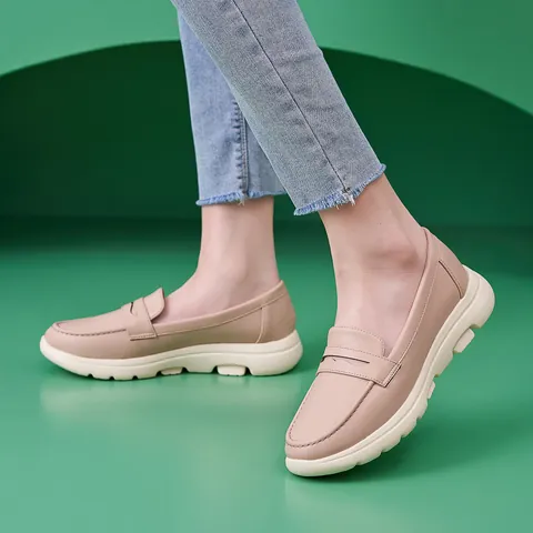 Women Casual PU Leather Loafers Thick Sole Non-slip Round Toe Slip-on Shoes Fashion Solid Color Comfort Platform Flats