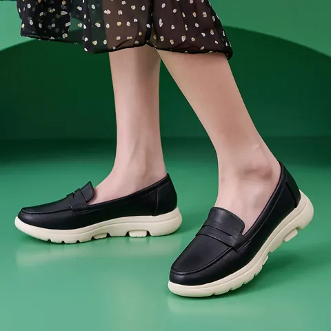 Women Casual PU Leather Loafers Thick Sole Non-slip Round Toe Slip-on Shoes Fashion Solid Color Comfort Platform Flats