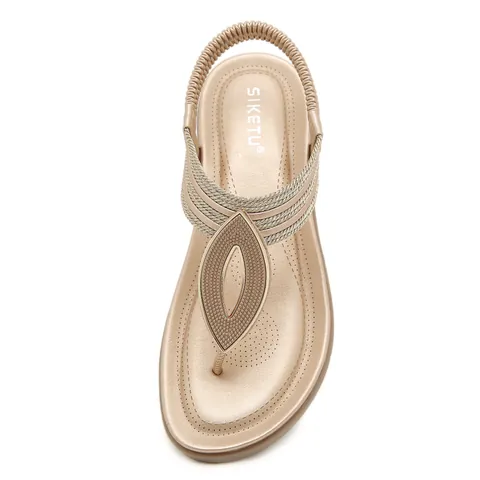 Women Bohemian T-Strap Flat Sandals With Elastic Back Strap Metal Leaf Rhinestone Decor Casual Beach Summer Dress Shoes