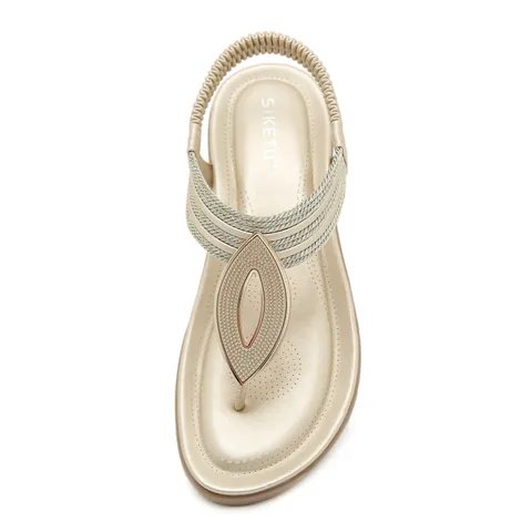 Women Bohemian T-Strap Flat Sandals With Elastic Back Strap Metal Leaf Rhinestone Decor Casual Beach Summer Dress Shoes