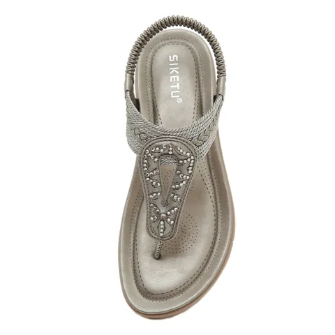 Sandalias Bohemias de Mujer con Diamantes de Imitación T-Strap Banda Elástica Trasera Zapatos Cómodos de Playa Sandalias Planas de Cuña