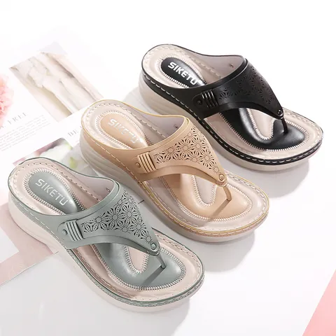 Women's Casual Wedge Flip-flops Hollow Out Floral Platform Sandals With Comfortable PU Upper PVC Sole For Daily Summer