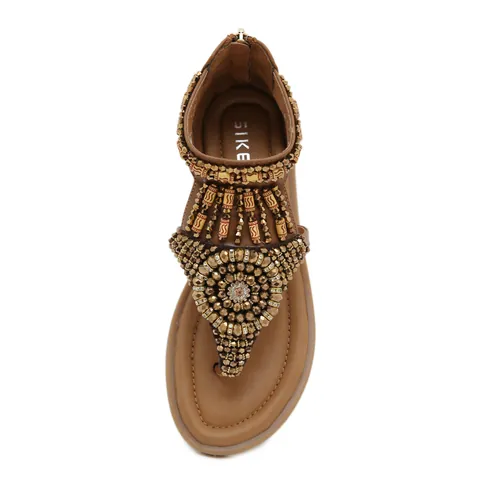Women Bohemian Beaded Flat Sandals PU Leather Rhinestone Flip Flops Ethnic T-Strap Back Zipper Summer Beach Roman Shoes