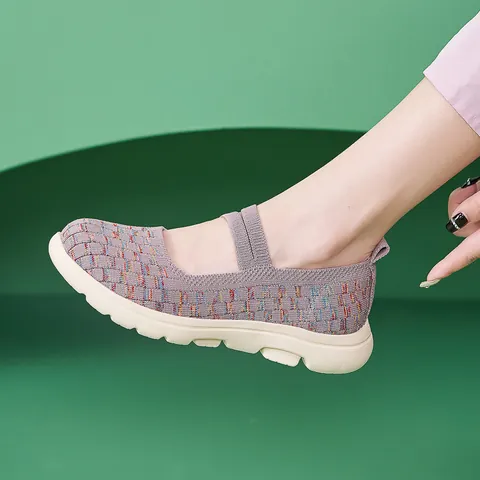 Women Fly-Knit Mary Jane Casual Shoes Breathable Thick Sole Anti-Slip Weave Walking Shoes Mixed Color Flat Loafers