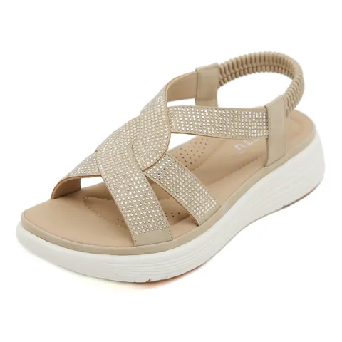 Sandalias de Cuña con Diamantes de Imitación para Mujer Correa Cruzada Elástica Casual Verano Playa Zapatos de Cuero de PU