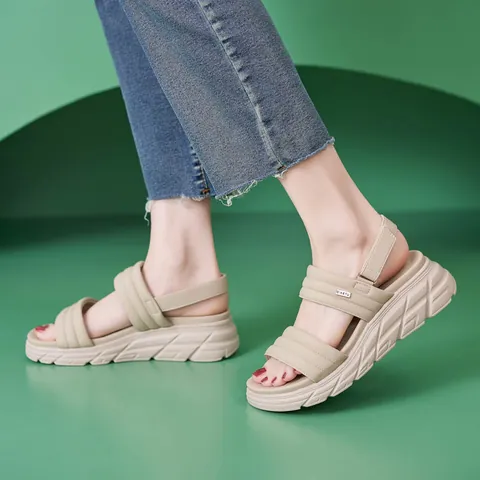 Women Thick Sole Wedge Sandals Casual Sporty Lightweight Anti-slip Comfortable Quilted Straps Hook And Loop PU Outdoor Sandals
