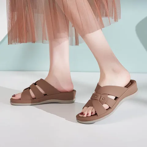 Women Wedge Slippers Artificial PU Leather Criss Cross Straps Round Toe Platform Slides Casual Outdoor Non Slip Footwear