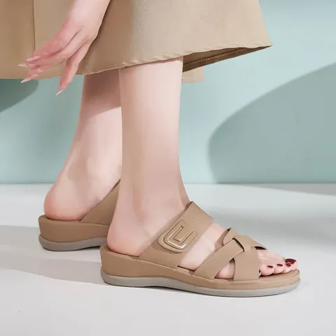 Women Casual Slippers Thick Sole Platform Wedge Slides PU Leather Cross Strap Square Buckle Comfort Fashion Summer Shoes