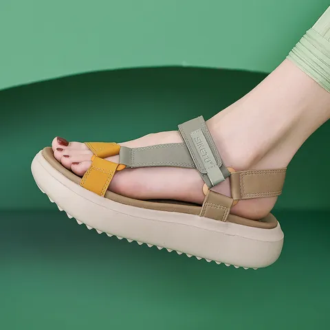 Sandali Sportivi da Donna in Pelle PU Platform Suola Spessa Velcro Color Block Casual Outdoor Spiaggia Moda Scarpe Estive