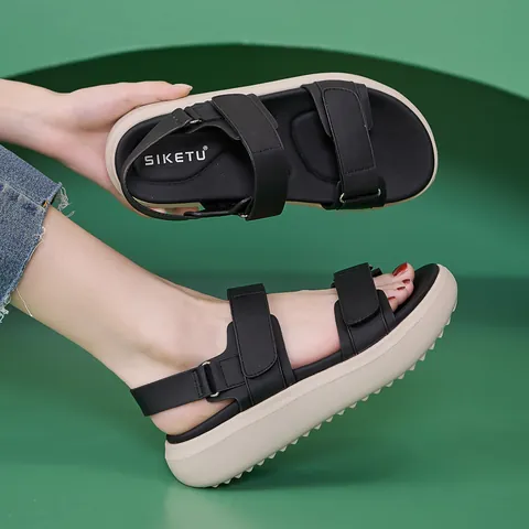 Women Casual Platform Sandals PU Leather Thick Sole Wedge Beach Shoes With Hook And Loop Closure Non Slip Summer Footwear