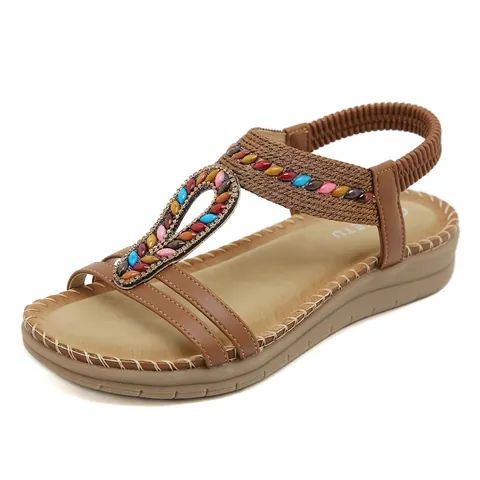Bohemian Rhinestone Sandals Women Ethnic Colorful Beaded Flat Sandals Comfortable Elastic Strap Beach Shoes Casual Summer