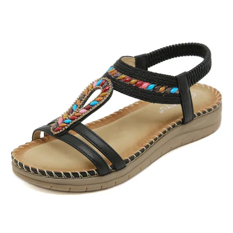 Bohemian Rhinestone Sandals Women Ethnic Colorful Beaded Flat Sandals Comfortable Elastic Strap Beach Shoes Casual Summer