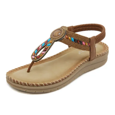 Dames Boheemse Strass Sandalen T-Strap Kralen Platte Slippers Casual Etnische Strandschoenen Comfortabele Latex Binnenzool