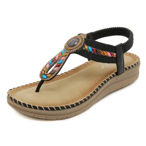 Dames Boheemse Strass Sandalen T-Strap Kralen Platte Slippers Casual Etnische Strandschoenen Comfortabele Latex Binnenzool