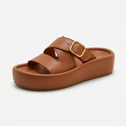 Women Fashion Platform Slides Cross Strap Slippers with Metal Buckle Non-slip Comfortable Casual Beach Sandals