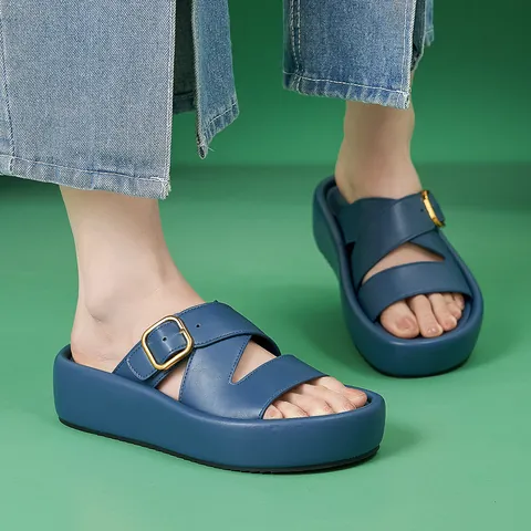 Women's Casual Microfiber Leather Platform Slides With Gold Buckle Cross Strap Thick Sole Non-slip Summer Beach Wedge Sandals